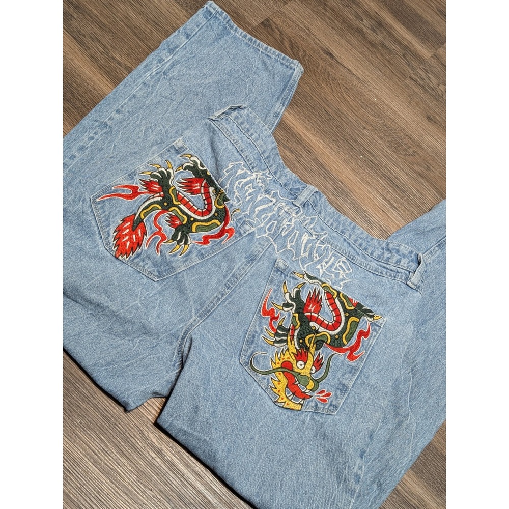 Ninth Amplitude Dragon Embroidered Baggy Skater Jeans Light Wash Blue Mens 32x29
